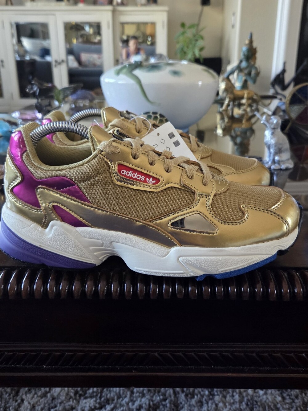adidas Falcon Women's Gold Metallic Sneakers with Purple Accents